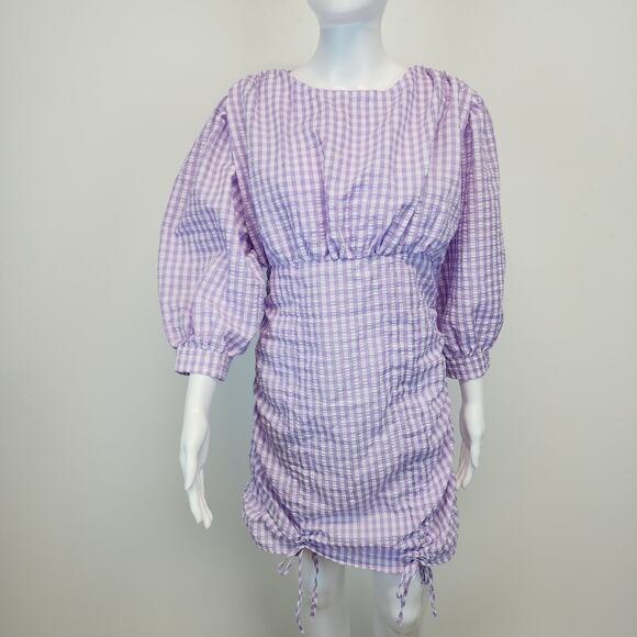 Zara Farmers Daughter Mini Dress Size M Purple Ruched Front Gingham Puff Sleeve - Picture 2 of 16